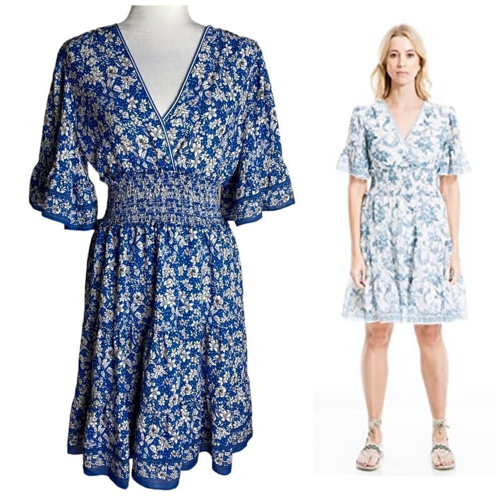 Max Studio Crepe Sleeve Tiered Mini Short Dress in Blue Cottagecore Women's Sz M